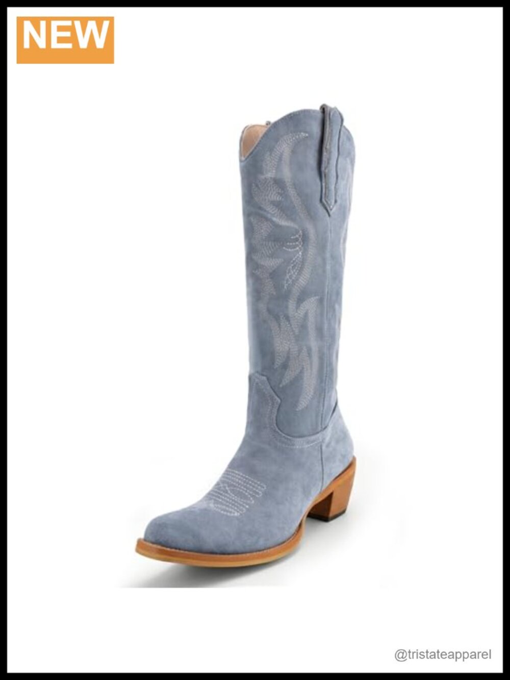 Faux Suede Mid Calf Cowboy Boots Embroidered Pull On Almond Toe
